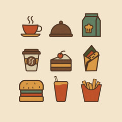 Retro-style cafe icon set featuring coffee, burger, fries, cake, juice, sandwich wrap, takeaway cup, cloche, and food bag. Flat vector design with warm vintage colors and bold outlines.

