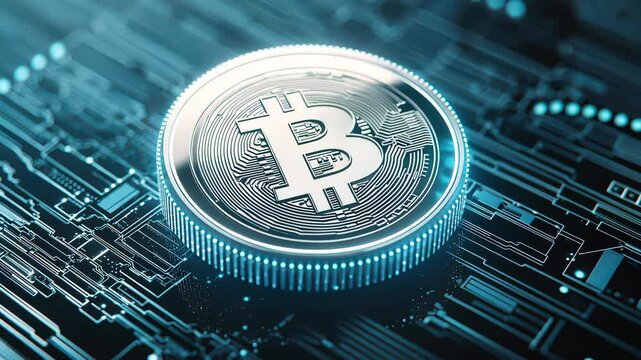 Digital Bitcoin Coin on Futuristic Circuit Board