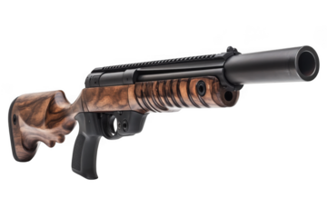 Isolated image displaying a firearm with a wooden stock detail on transparent background