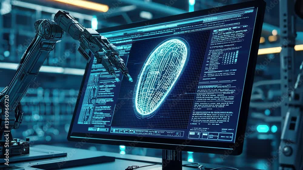 Poster robotic arm analyzing data on modern computer screen