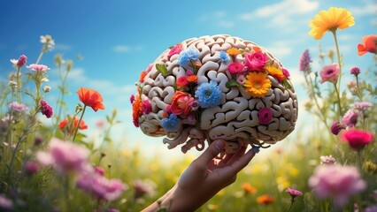 Hands holding a model of a human brain adorned with vibrant