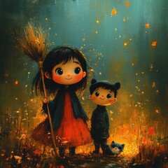 Fairy Tale Adventure with Girl Broom Boy Boot and Cat in Colorful Illustration for Children