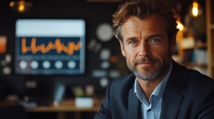 Fototapeta premium Confident Businessman Analyzing Data on Digital Screen in Modern Office