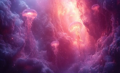 Glowing Bioluminescent Jellyfish in Surreal Underwater Scene with Vibrant Neon Colors and Soft Lighting