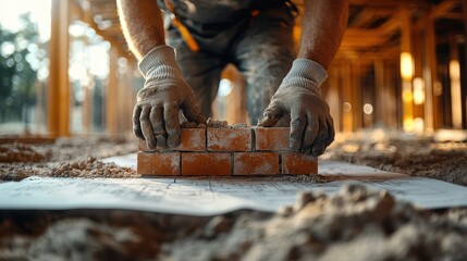 Construction Worker Laying Bricks with Blueprint on Building Site