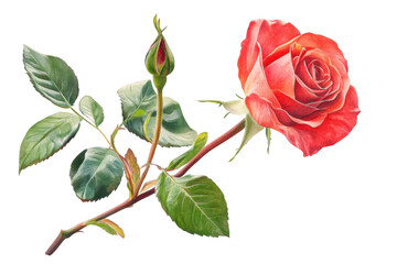 Obraz premium A blooming rose with leaves and a bud on a dark background shot on transparent background