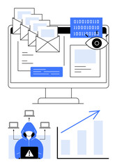 Obraz premium Computer screen with emails, binary code, and an eye symbol. Below, a hooded hacker orchestrates cyberattacks, linked to devices, with a graph symbolizing growing cyber threats. Ideal