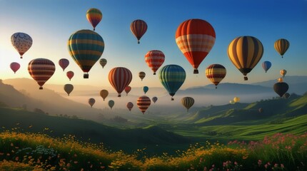 Naklejka premium Vibrant Hot Air Balloons Floating Over Colorful Sunflower Field
