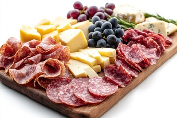 Assorted cheeses and meats with grapes on a wooden serving board