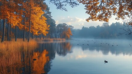 Fototapeta premium Autumn trees reflecting on still water high resolution HD photo