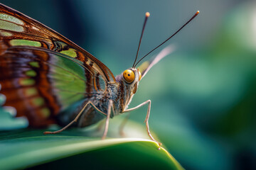 Close-up of a malachite butterfly (Siproeta stelenes) on a green leaf, showcasing its vibrant green and brown wings and orange eyes.