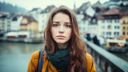 Fototapeta premium an modern attractive European woman looking direct to the camera looking sad with a traditional european city behind her