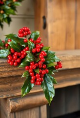 Fototapeta premium A vibrant holly sprig with glistening red berries adorns a rustic wooden mantelpiece, mantelpiece, home decor