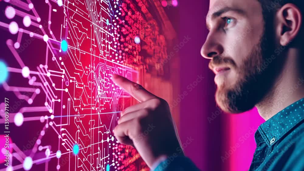Poster man using technology with digital data visualization