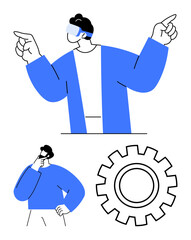 Man explores augmented reality with gestures wearing futuristic glasses. Gear symbolizes innovation, progress, and technology. Ideal for tech, creativity, science, automation, industry future