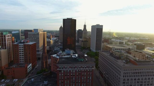 Aerial flying over Buffalo, New York, at sunrise 