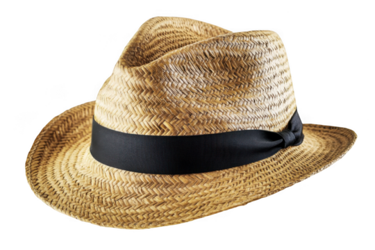 A straw hat with a dark ribbon on a solid color isolated setting on transparent background