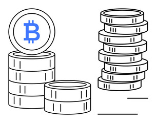 Piles of coins featuring Bitcoin sign, concept of cryptocurrency, digital payment, blockchain, finance, wealth. Ideal for fintech, investment, economy savings online banking blockchain flat