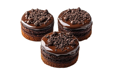 Closeup of three chocolate cakes isolated on transparent background
