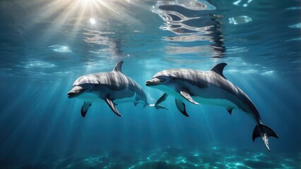 Fototapeta premium Two dolphins swimming in clear blue ocean water with sunlight streaming through the surface