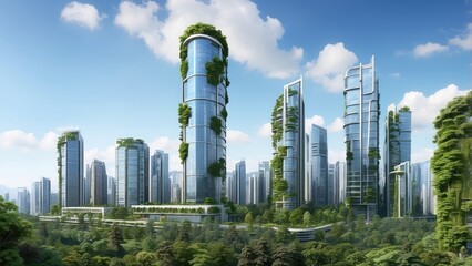 A low-angle view of tall, reflective glass skyscrapers framing a vibrant green tree