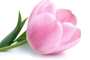 Fototapeta premium A single pink tulip blossom with green stem against white space