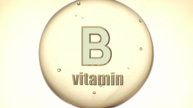 Glossy Vitamin B Molecule in Transparent Serum Drop on Light Background