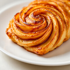 Fototapeta premium Artistic close-up of a palmier resting on a white ceramic plate, showcasing its perfectly curled, buttery layers. The caramelized sugar on top creates a glossy finish