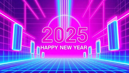 Fototapeta premium Neon 2025 Happy New Year Retro Futuristic Background