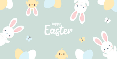 Easter greeting card with cute Easter bunnies, chicks and Easter eggs. Flat vector illustration