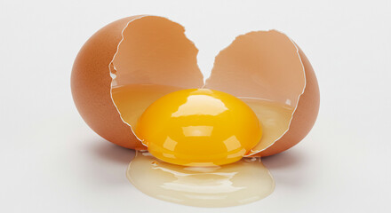 A vibrant golden yolk spills from a cracked brown eggshell, a symbol of new beginnings and culinary potential, against a stark white background.