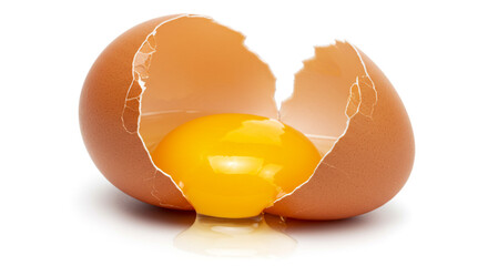 A vibrant golden yolk spills from a cracked brown eggshell against a stark white background, showcasing the raw beauty of a simple ingredient.
