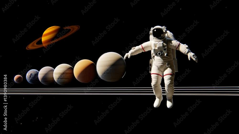 Poster astronaut floats in space with planets in perfect alignment generative ai