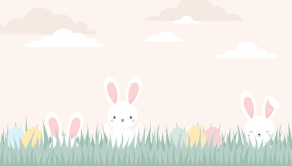 Cute Easter bunnies hiding in the grass next to colorful Easter eggs. Flat vector illustration