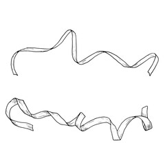 A set of ribbons with curly curls for holidays and gifts. Black and white vector illustration. Hand-drawn ink satin ribbon sketch in a simple style for birthday, wedding or Christmas celebrations.