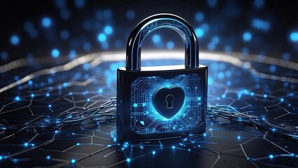 A digital futuristic representation of cybersecurity showcasing a black padlock at the center