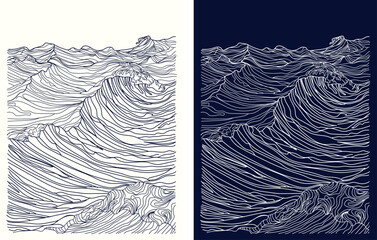 Dynamic sea wave abstract print. Modern vector artwork capturing the intensity and rhythm of rough ocean waters in minimalist line art.