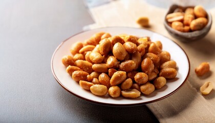 Salted peanuts on a white plate. Healthy and dietary food. Generated image