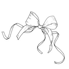 Satin bow with ribbons, for holidays and gifts. Black and white vector illustration. A hand-drawn ink bow sketch in a simple style for celebrating a birthday, wedding or Christmas.