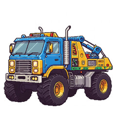 Naklejka premium A vibrant, pixelated tow truck, featuring a bold blue cab and yellow undercarriage.