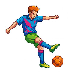 A dynamic pixel art illustration of a male soccer player in mid-action, kicking the ball.