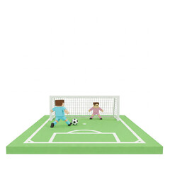 Fototapeta premium A stylized, 3D pixel art rendering of two soccer players on a miniature soccer field.