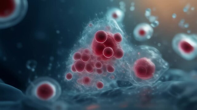 A detailed microscopic visualization of human stem cells featuring prominent red nuclei, showcasing cellular structure and biology in a scientific context