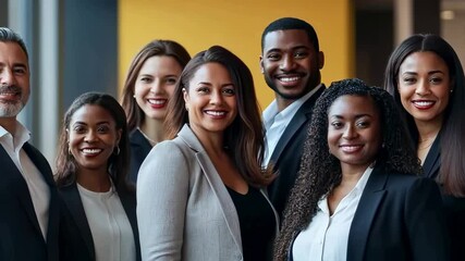 A diverse team of professionals poses with bright smiles in their business suits, illustrating modern, inclusive workplace. The image captures spirit of teamwork , success in corporate setting.