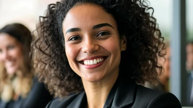A smiling woman with curly hair , fair skin is main focus. She is wearing dark blazer , has professional , confident look. There are other people in background, but they are intentionally blurred.