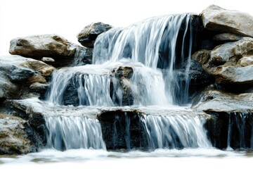 Obraz premium Cascading waterfall flowing over rocks with a white background view