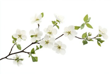 Fototapeta premium Branch with white blossoms and green leaves against white space