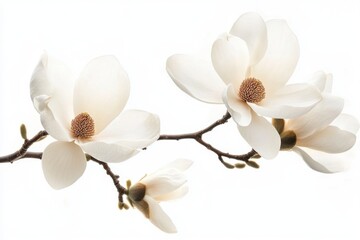 Obraz premium Close up of magnolia branch with blossoms against white space