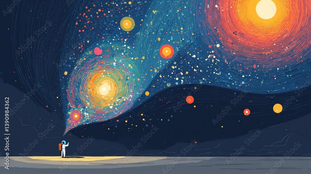 Poster astronaut exploring colorful galaxies on a distant planet surface generative ai