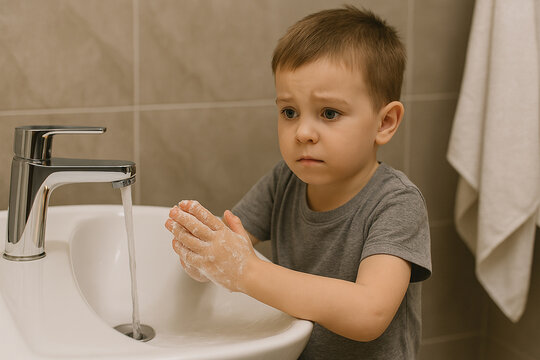 Child Obsessive-compulsive disorder (OCD) &ndash; A Young boy Anxiously Washing Her Hands at the Sink
